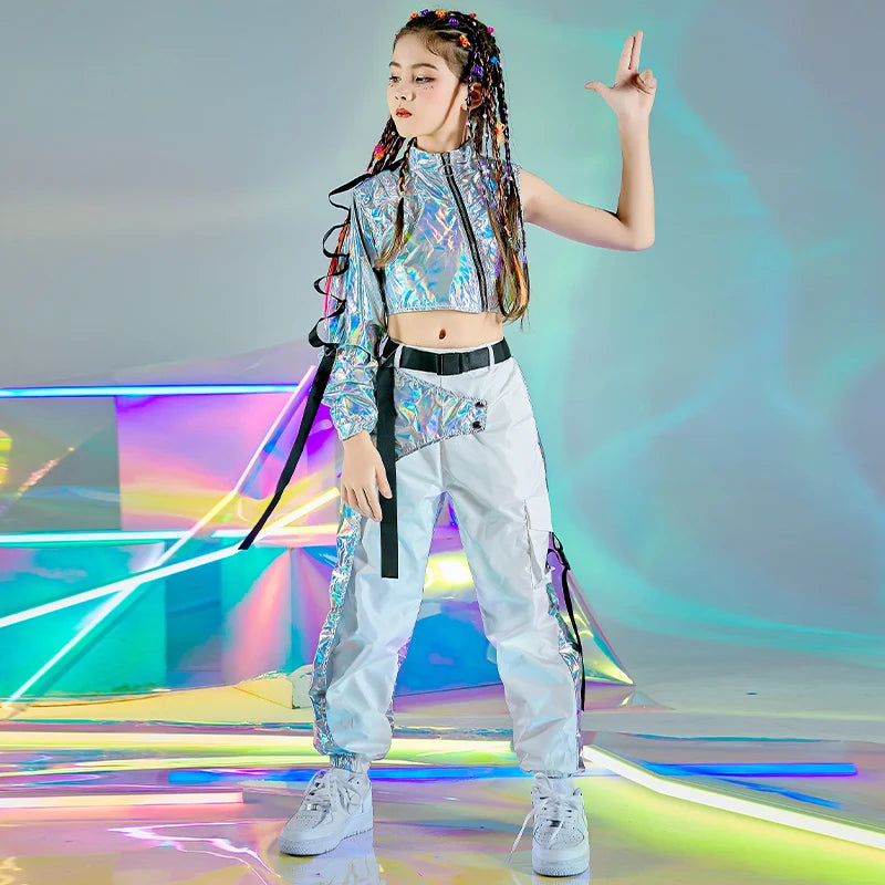 PU Hip-Hop Dance Clothes: Reflective rave outfits for girls. Includes stylish crop tops and cargo pants, perfect for jazz dance, festivals, or catwalk shows.