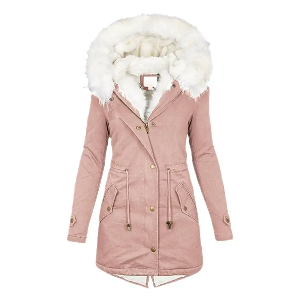 The Lady Coat features a furry hooded plush lined mid-length cold-proof outerwear with pockets and a drawstring waist for a comfortable and stylish daily overcoat.