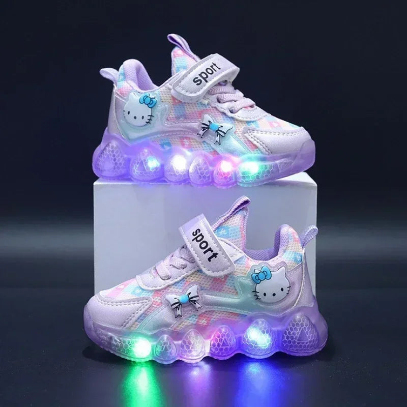 cute Hello Kitty casual shoe suitable for baby girls, children, toddlers, walking, and kids, featuring LED light sneakers and anti-slip features.