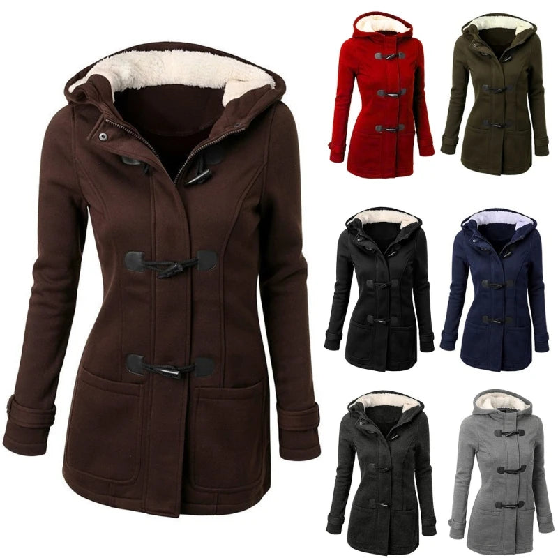 The item includes women's winter hooded cardigans, hooded horn button jackets, fleece coats, and outerwear