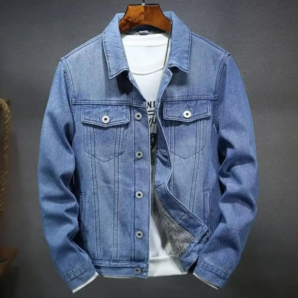 Winter Men's Jean Jacket: Solid Color, Turned-Down Collar, Denim Outerwear. Cozy, Single-Breasted, Cargo Coat for Everyday Streetwear.