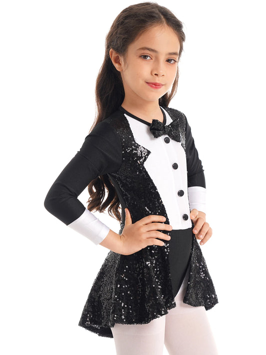 Girls' Sequin Dance Leotard – This shiny, round-neck dress is perfect for ballroom and jazz dancing. It's decorated with beautiful sequins and has a stylish hem, making it great for performances!