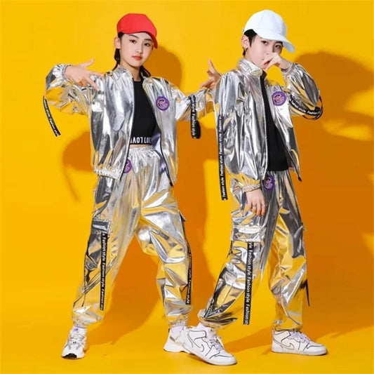 Hip Hop Boys Silver Jacket and Girls Jazz Jogger Pants Street Dance Mini Skirt Outfit Sets for Kids. Sparkly Costumes for Children's Streetwear.