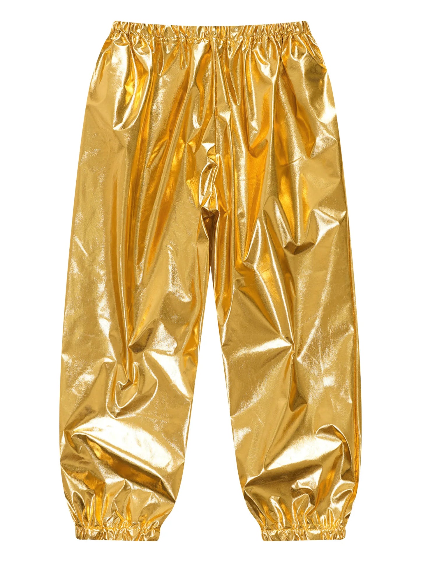 Kids' shiny metallic harem pants with an elastic waistband for jazz dance, hip hop, and stage performances.