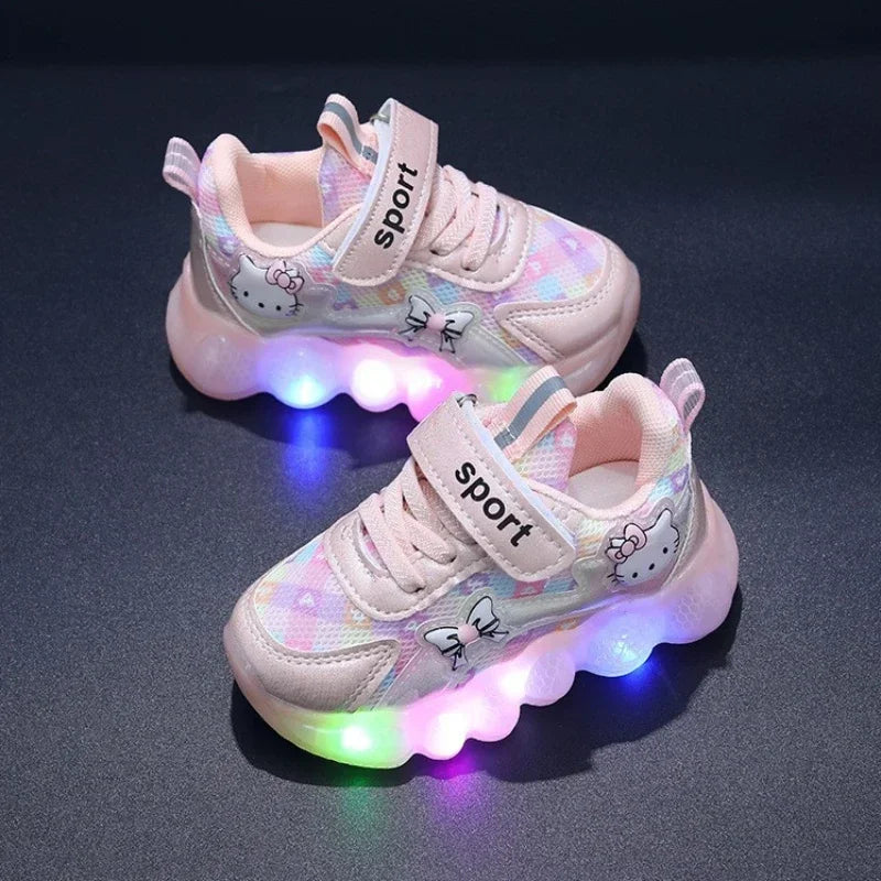 cute Hello Kitty casual shoe suitable for baby girls, children, toddlers, walking, and kids, featuring LED light sneakers and anti-slip features.