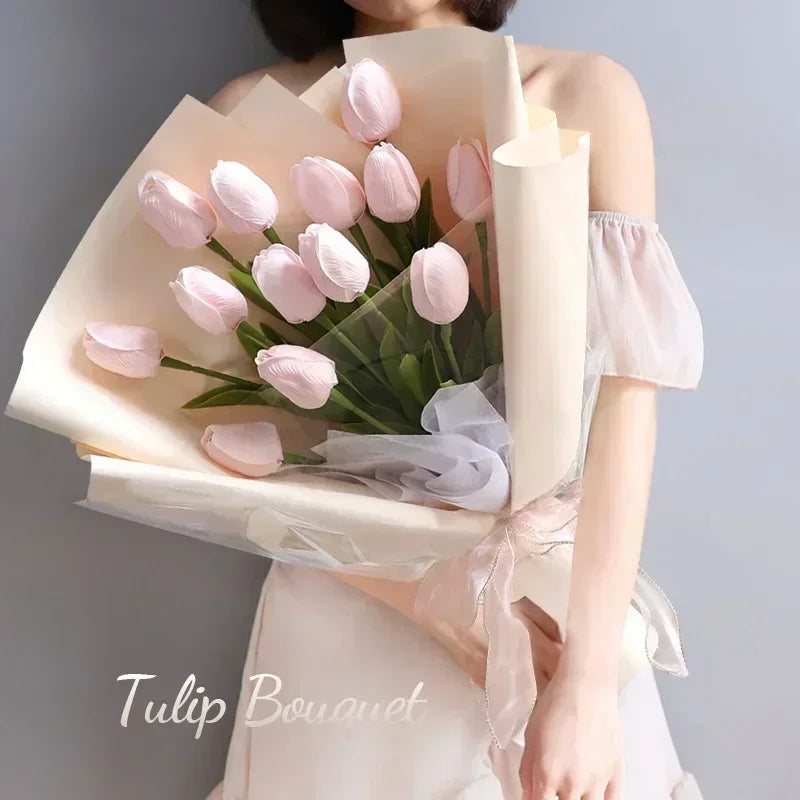 The item includes 3/5 pieces of artificial flowers, including tulips, which are a real touch bouquet suitable for wedding decorations and home decor.