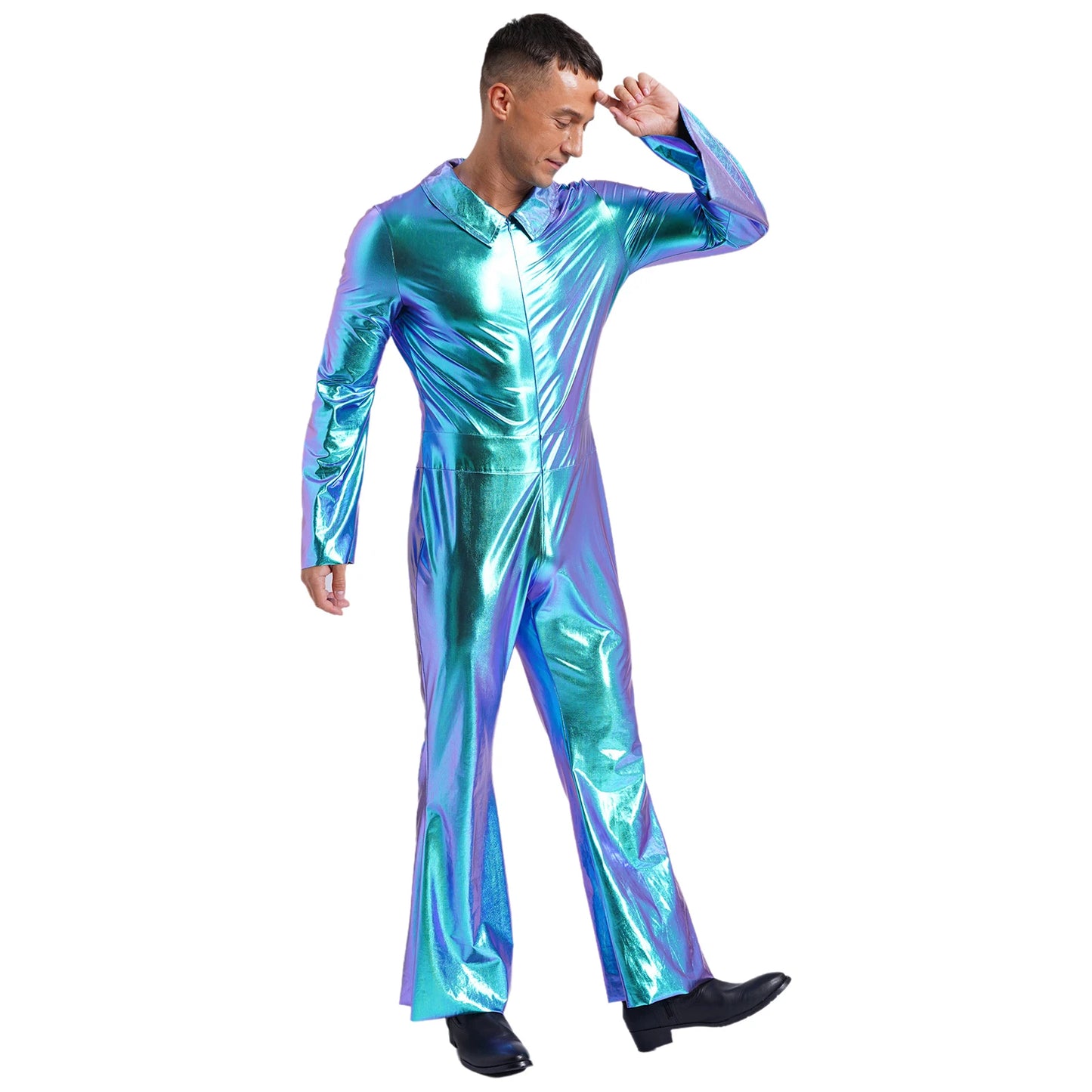 Men's 70s Disco Jumpsuit Costume – Perfect for retro disco, music festivals, Halloween parties, and fancy dress events. Great for jazz dancing and embracing that hippie vibe!