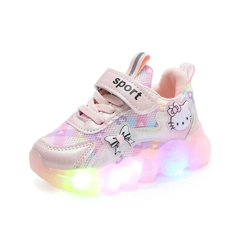 cute Hello Kitty casual shoe suitable for baby girls, children, toddlers, walking, and kids, featuring LED light sneakers and anti-slip features.