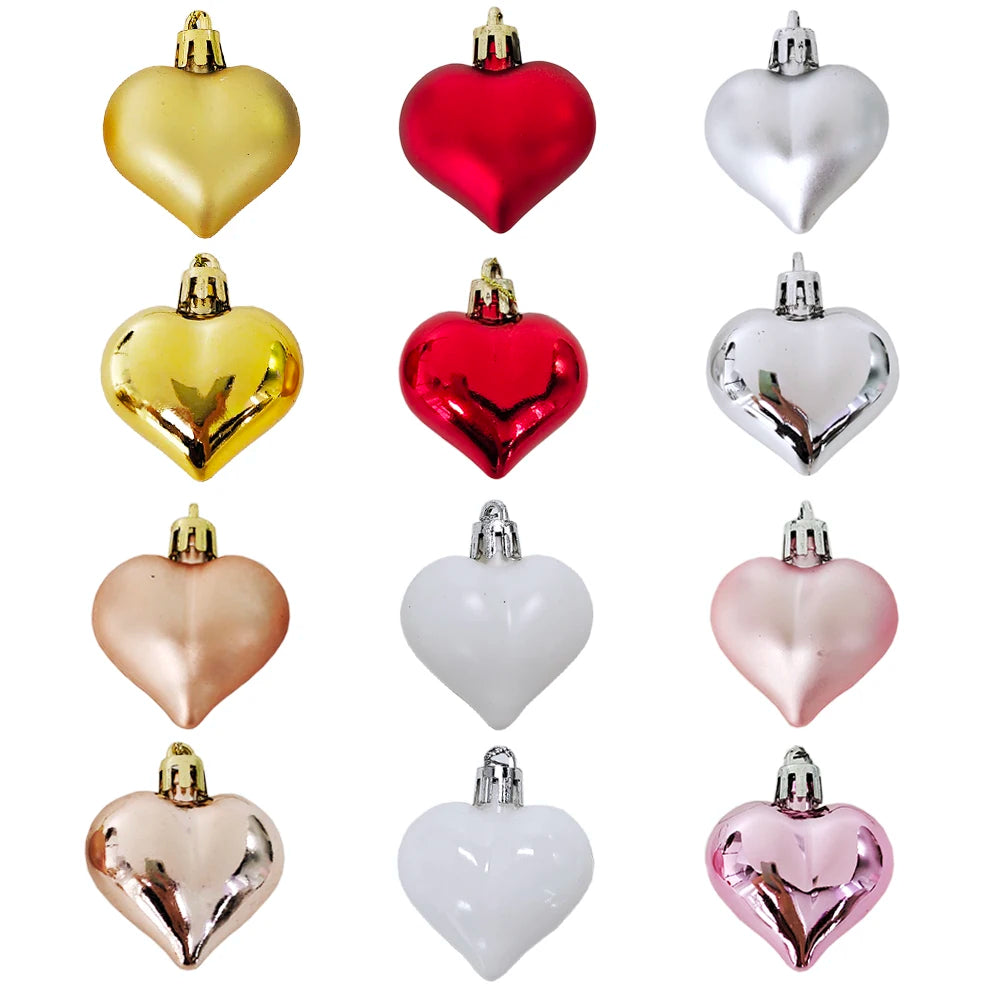 12-Piece Love Heart Christmas Ornaments in Red and Gold. These plastic balls are perfect for hanging on your Christmas tree and will add a festive touch to your holiday decor for 2024.