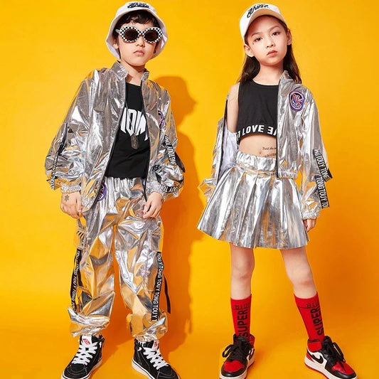 Kids Hip Hop Outfit Set: Silver Jacket for Boys, Jazz Jogger Pants, and Mini Skirt for Girls. Perfect for street dance, featuring fun sequin designs!