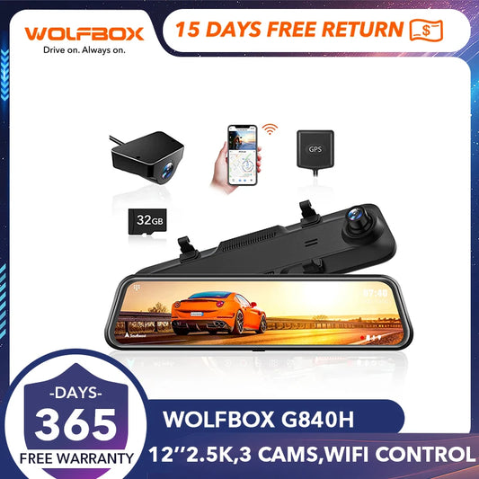 WOLFBOX G840H is a 12-inch WiFi dash cam with front and rear cameras, 2K resolution, and excellent night vision.