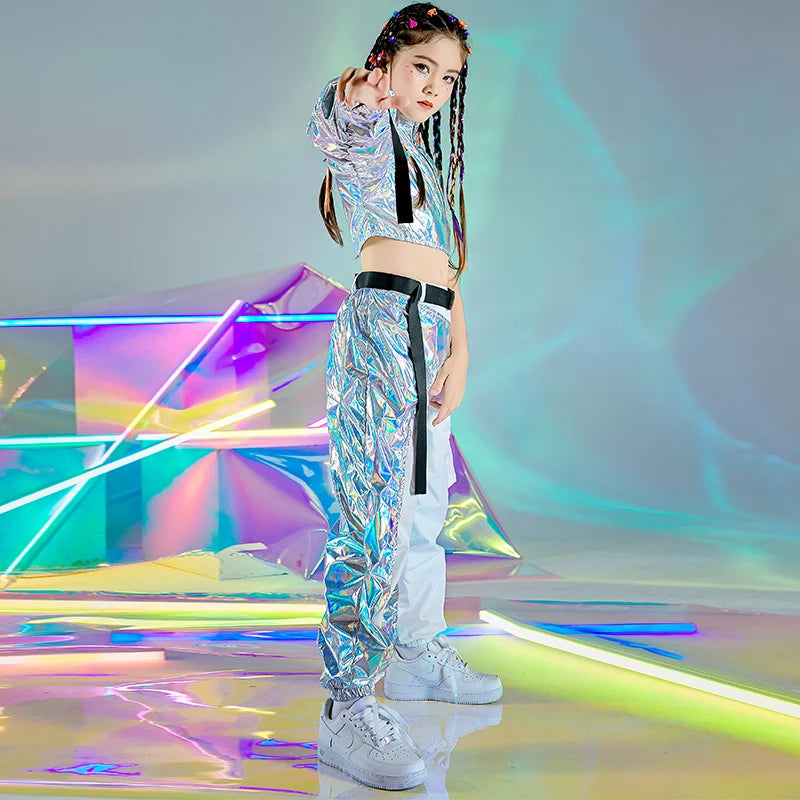 PU Hip-Hop Dance Clothes: Reflective rave outfits for girls. Includes stylish crop tops and cargo pants, perfect for jazz dance, festivals, or catwalk shows.