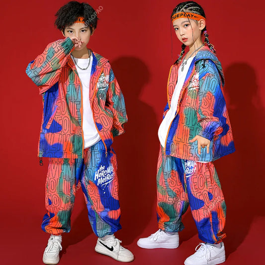 Kid's Kpop Hip Hop Clothing Set: Zip-Up Hoodie with Letter Print and Jogger Pants. Perfect for streetwear and jazz dance costumes for both girls and boys.