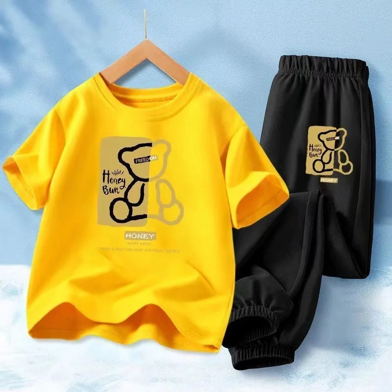 Kids' Clothes: Summer T-shirt and Shorts Set for Boys and Girls with Cartoon Bear Print. Casual Outfit for Teen Boys.