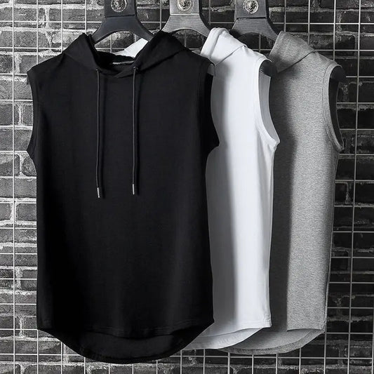 Men Hooded Sleeveless Shirt ,Summer Gym Tank Top  Bodybuilding Top Fashion