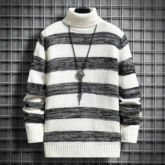 Men's Striped Turtleneck Sweater – Stylish and Slim Fit Knitted Pullover for Casual Winter Wear.