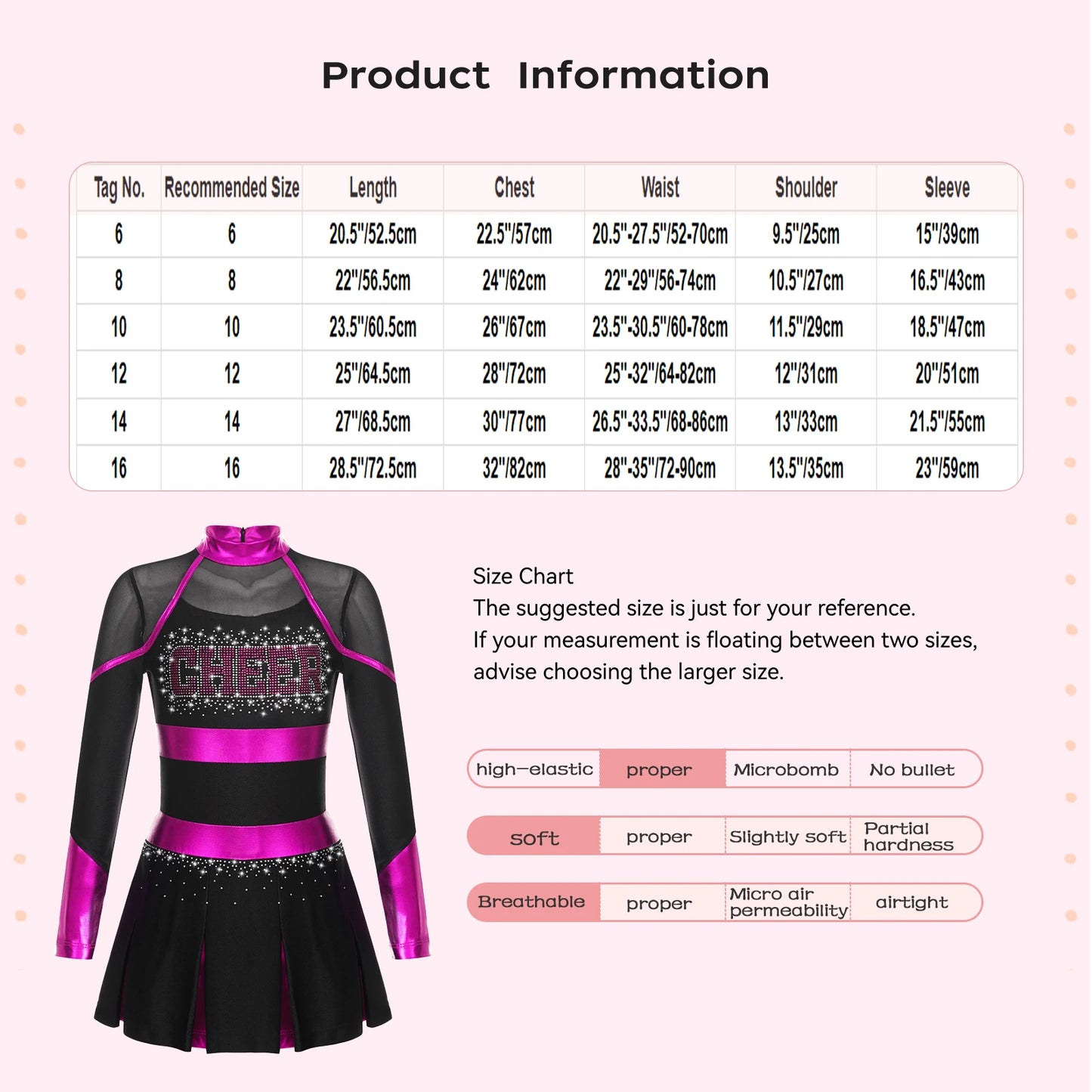 Girls' Cheerleading Dance Outfit: Long Sleeve Shiny Dress with Rhinestones and Sheer Mesh for School Performances.