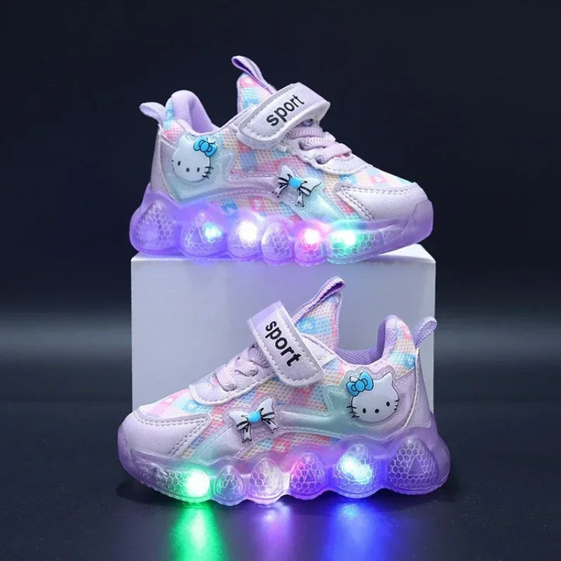 cute Hello Kitty casual shoe suitable for baby girls, children, toddlers, walking, and kids, featuring LED light sneakers and anti-slip features.