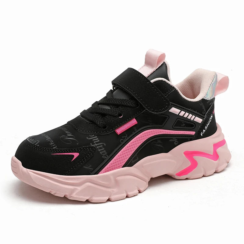 A pair of soft sole, non-slip sneakers for children, specifically designed for outdoor use, specifically for students and girls.