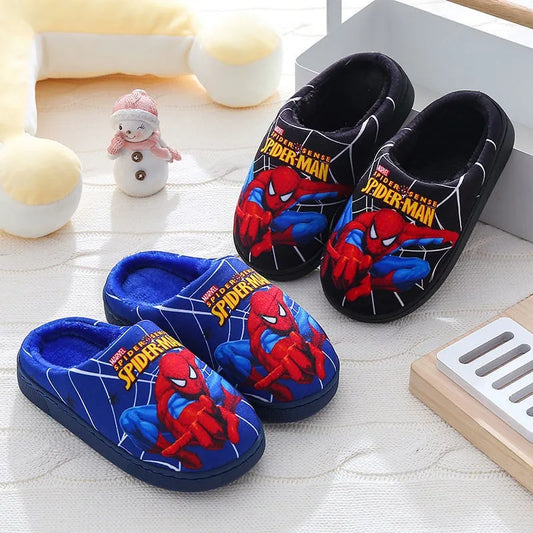 new style of cartoon printed Spider-man cotton slippers for children's shoes, offering warmth and comfort during the autumn and winter indoor seasons.