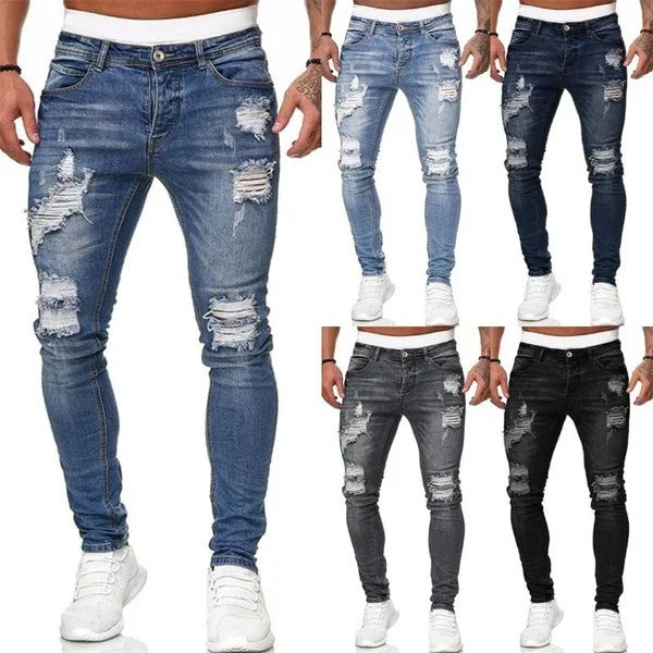 Men's slim-fit jeans with a ripped, vintage denim look. These stylish, ankle-length pants have distressed holes and a punk-inspired design.