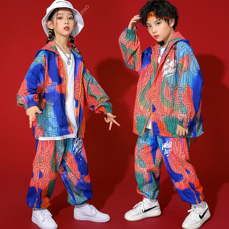 Kid's Kpop Hip Hop Clothing Set: Zip-Up Hoodie with Letter Print and Jogger Pants. Perfect for streetwear and jazz dance costumes for both girls and boys.