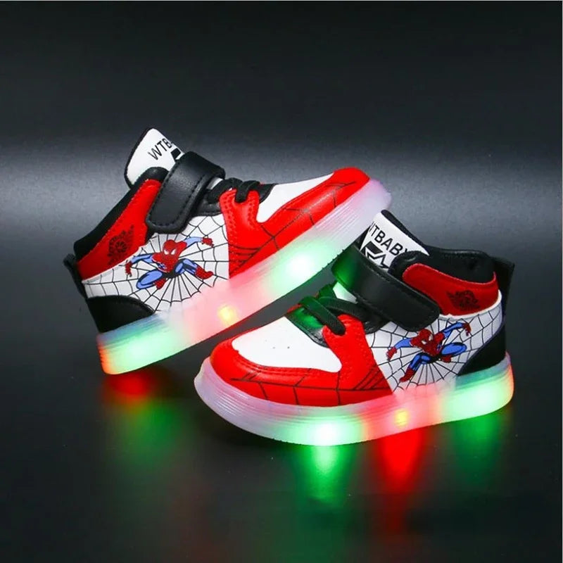 Disney Children's Led Light Shoes Fashion Aoger Spiderman Boys Sneakers Girls Cartton Casual Shoes Breathable Kids Sport Shoes.