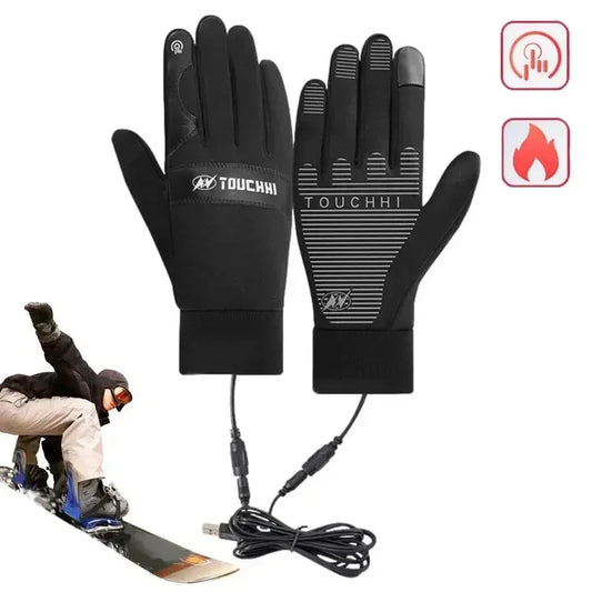 USB heated gloves that keep your hands warm and are waterproof. They work with touchscreens and are good for winter activities like snowboarding, fishing, skiing, and riding motorcycles or bicycles.