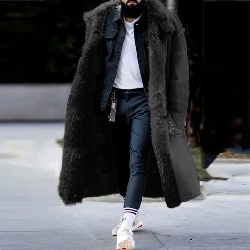 2025 Winter Mens Coat features a thickened Imitation Fur Jacket, solid cardigan, and male long overcoat in size 5XL.