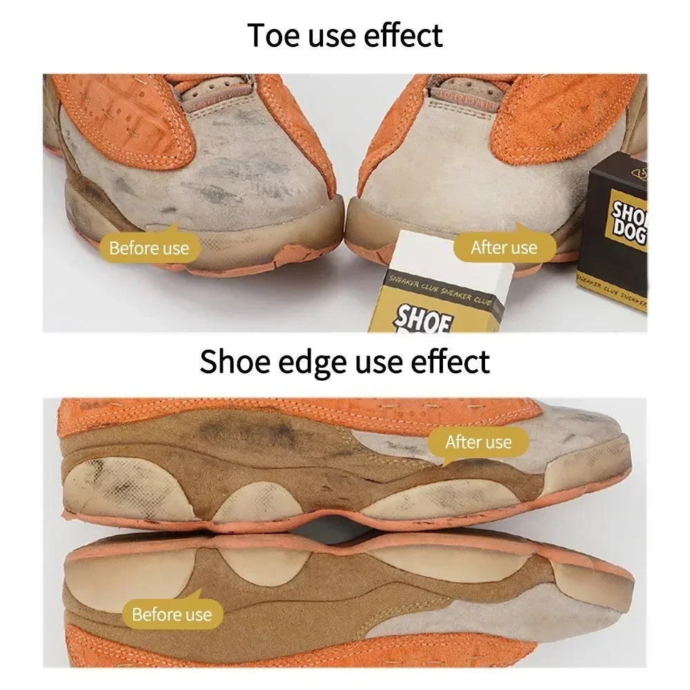 White shoe cleaner removes dirt from slippers, shoes, and sneakers using various cleaning tools.