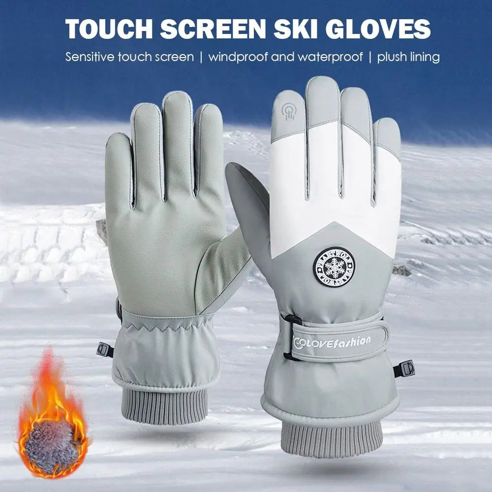 Winter gloves for both men and women, made of PU leather. They are non-slip, work with touch screens, waterproof, and warm for snow sports like skiing and snowboarding, as well as for motorcycle riding and cycling.