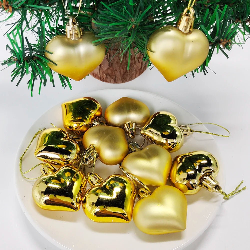 12-Piece Love Heart Christmas Ornaments in Red and Gold. These plastic balls are perfect for hanging on your Christmas tree and will add a festive touch to your holiday decor for 2024.