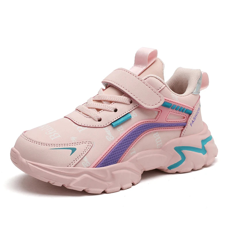 A pair of soft sole, non-slip sneakers for children, specifically designed for outdoor use, specifically for students and girls.