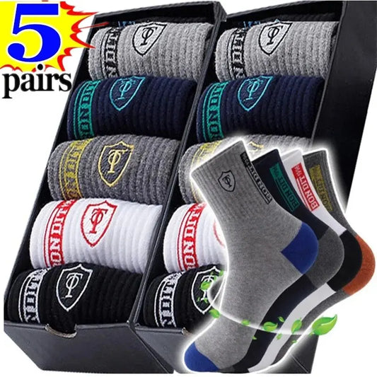 5Pairs Breathable Cotton Sports Stockings Men Bamboo Fiber Autumn and Winter Men Socks S