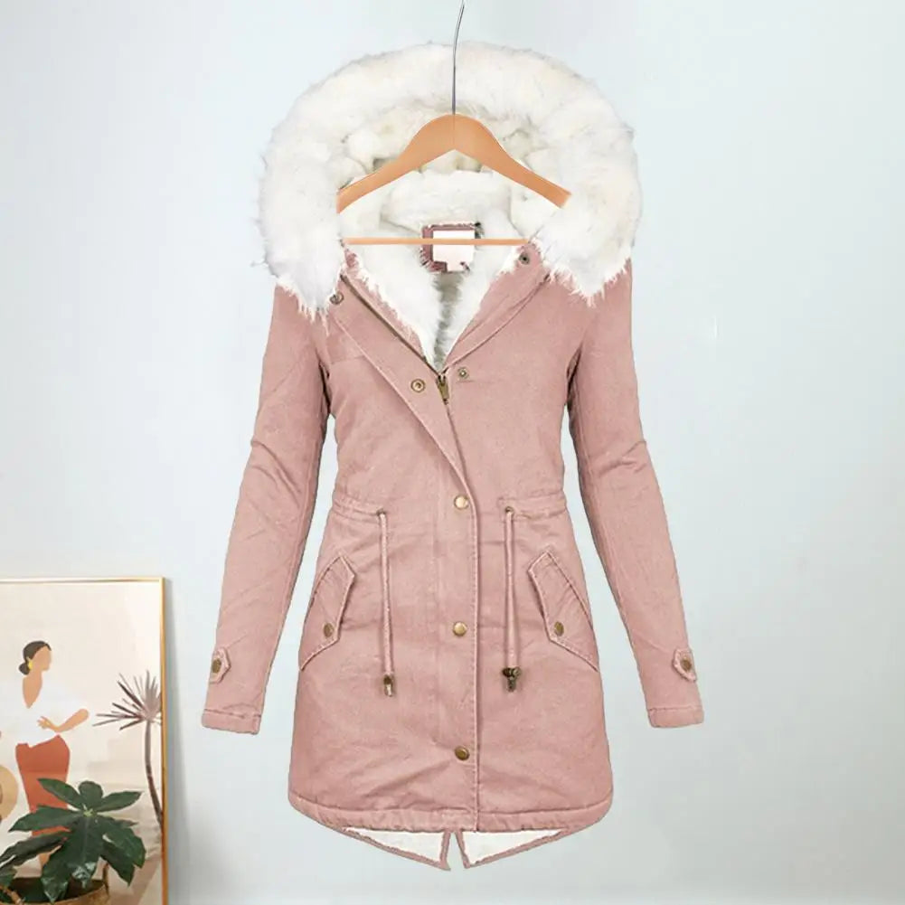 The Lady Coat features a furry hooded plush lined mid-length cold-proof outerwear with pockets and a drawstring waist for a comfortable and stylish daily overcoat.