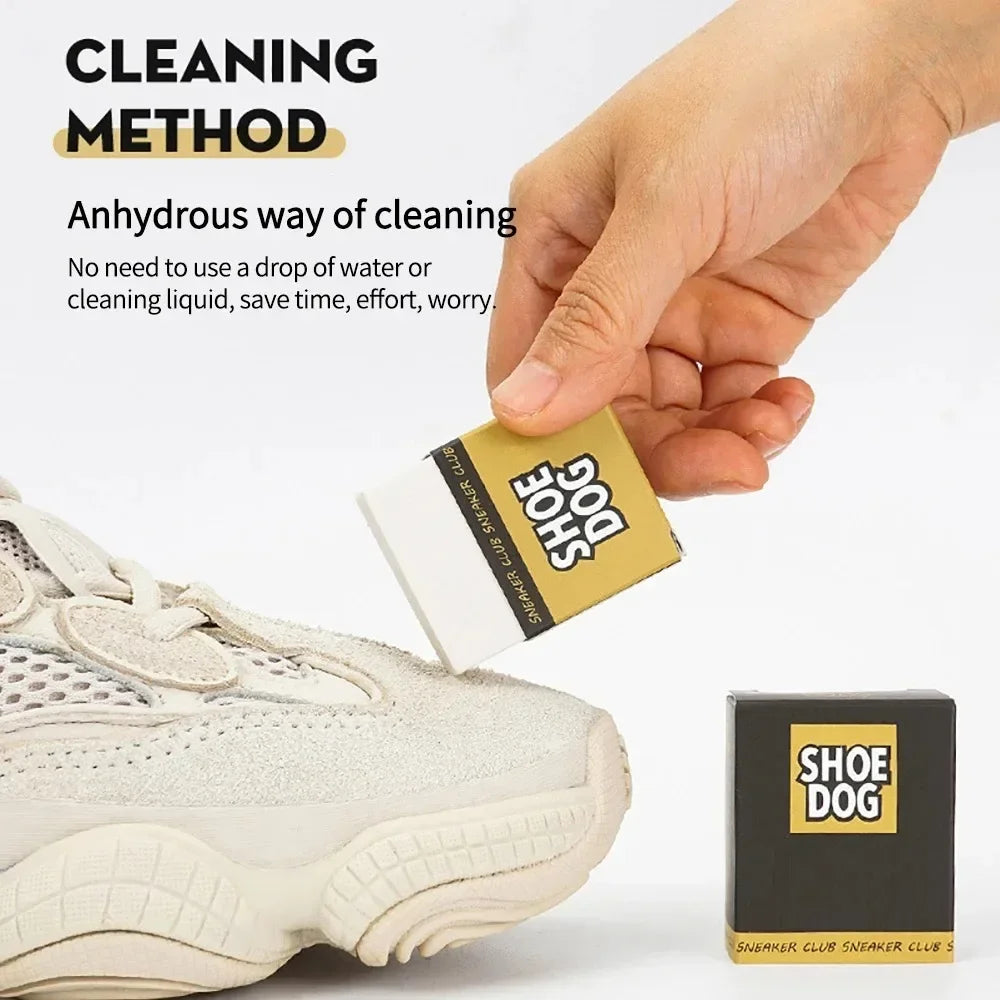 White shoe cleaner removes dirt from slippers, shoes, and sneakers using various cleaning tools.