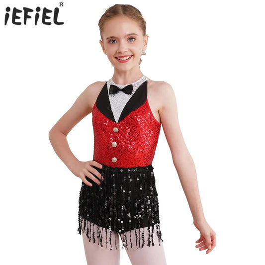 Children's Sequin Hip Hop Jazz Dance Costume: Sleeveless Dress with Boyshorts and Tassels. Perfect for modern Latin dance performances!