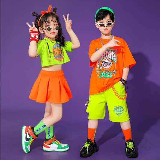 Hip Hop Clothing for Kids: T-shirts, tops, summer skirts, and shorts. Perfect for streetwear, jazz dance, and cheerleading outfits for both girls and boys!