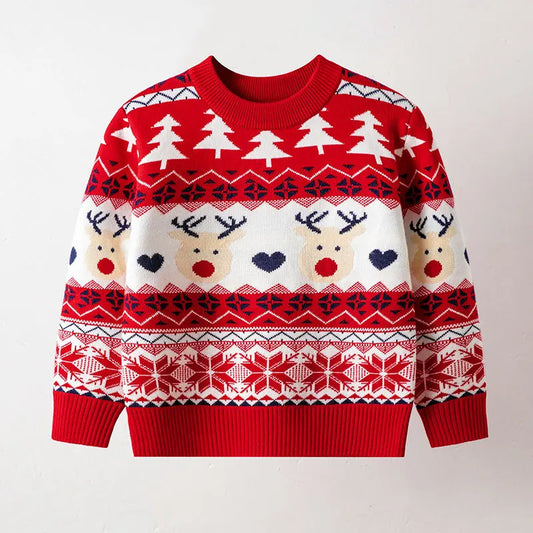 Children's Christmas Sweaters for Autumn and Winter. Warm pullover knitted sweaters featuring fun cartoon designs. Perfect kids' clothes for boys and girls aged 2-6 years. Ideal for the holiday season!