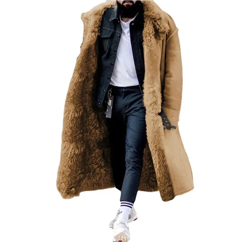 2025 Winter Mens Coat features a thickened Imitation Fur Jacket, solid cardigan, and male long overcoat in size 5XL.